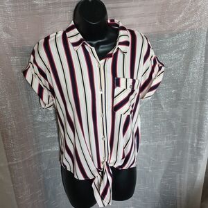 DNA Couture Blue/red/White/yellow Striped Knit Top, tie botton, NEW